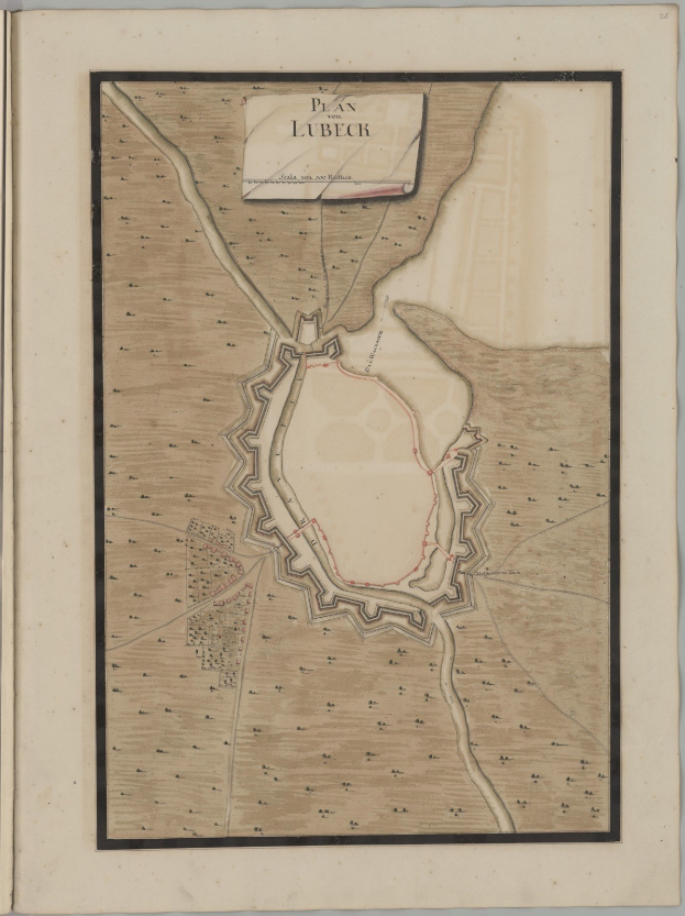 An old book with a detailed map of the city of Lübeck, showing streets, buildings, landmarks, and text with population, history, and cultural information.