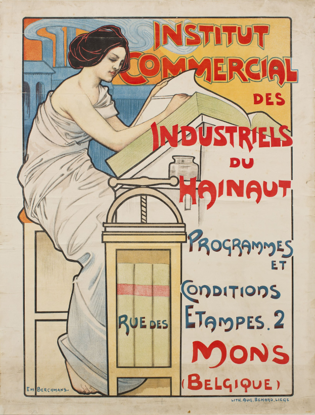 Ein Plakat für das Institut Commercial des Industriels du Hainaut, das eine Frau zeigt, die an einem Tisch sitzt und ein Buch hält, mit Text, der Details zum Institut enthält.