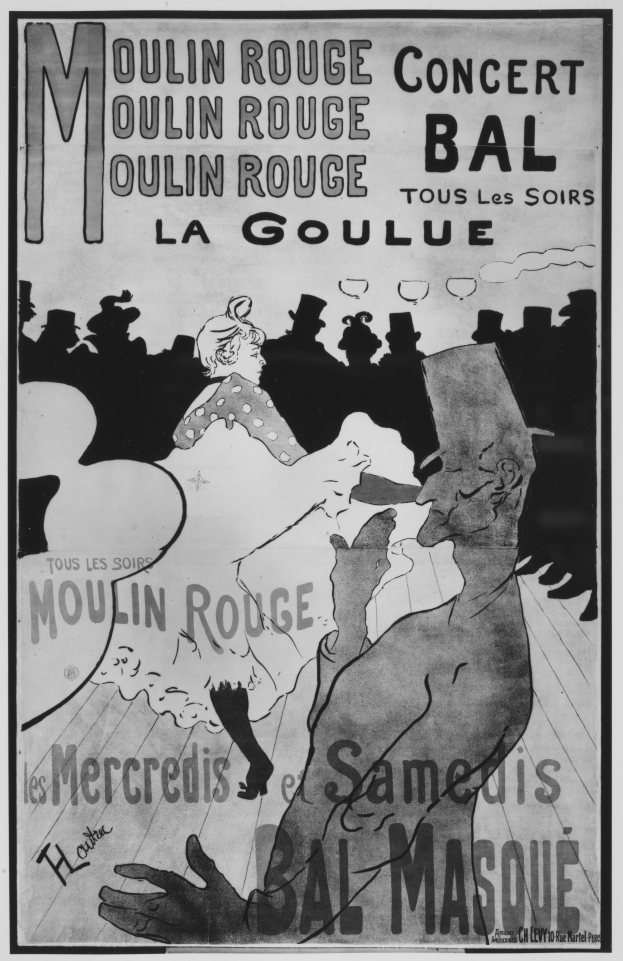 Ein Schwarz-Weiß-Plakat, das ein Moulin Rouge-Konzert in Paris ankündigt, zeigt einen Mann und eine Frau, die tanzen, mit Text auf dem Plakat.
