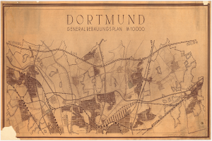 Ein detaillierter alter Stadtplan von Dortmund, Deutschland, der Stra├čen, Geb├Ąude und Landmarken mit Textanmerkungen zeigt.