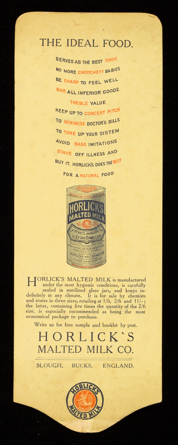 Schwarze und weiße Werbung für Horlicks Malted Milk Co. auf altem Papier mit Textbeschreibung des Produkts.