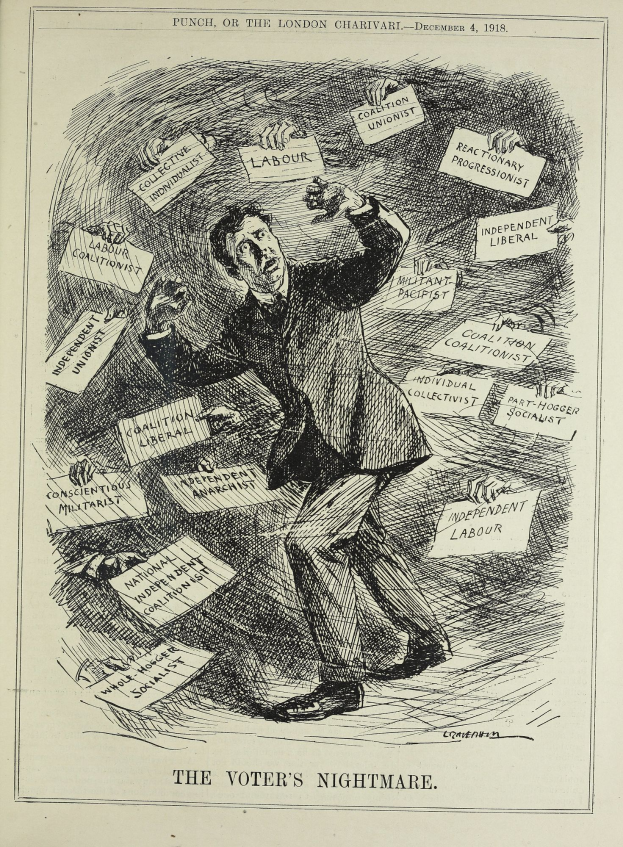 Ein Mann im Anzug und Krawatte hält ein Schild mit der Aufschrift "Der Albtraum des Wählers" mit entschlossener Miene.