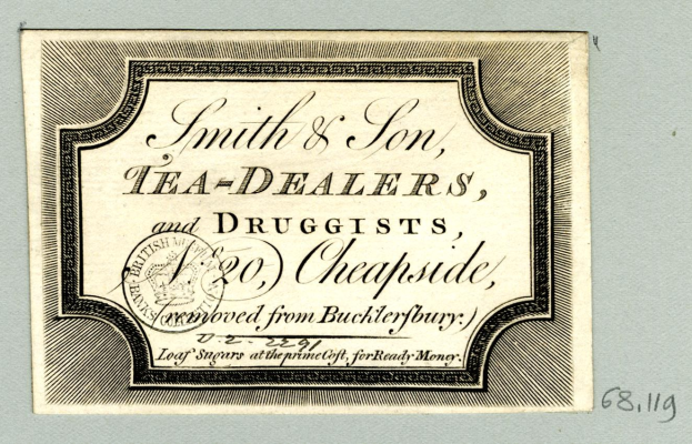 Papier mit gedrucktem Text: "Smith & Son Tea Dealers, and Drugists, 20 Cheapside".