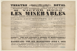 Schwarz-weiß-Anzeige in einer Zeitung für das Theatre Royal, London, wahrscheinlich zur Ankündigung des Stücks "Les Misérables."