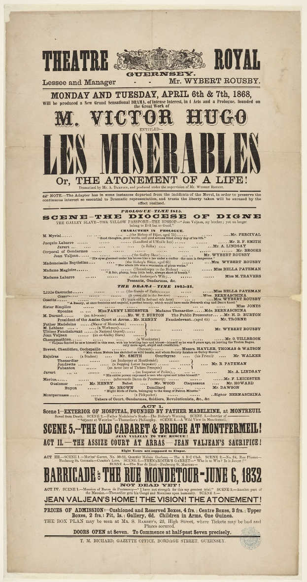 Schwarz-weiß-Anzeige in einer Zeitung für das Theatre Royal, London, wahrscheinlich zur Ankündigung des Stücks "Les Misérables."