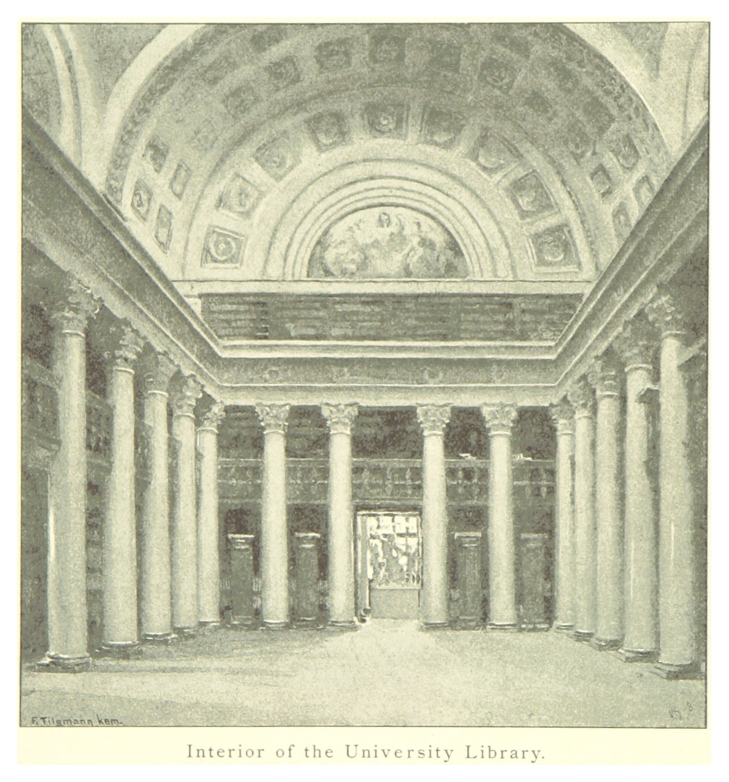 Großartiger Innenraum einer Universitätsbibliothek mit hohen Säulen und kunstvollen Deckenentwürfen, mit Text am unteren Rand, der das Ästhetische unterstreicht.