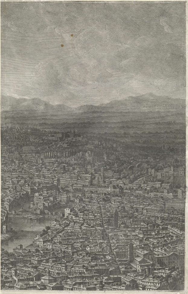 Schwarz-weißes Gravur von Florenz, Italien, das Gebäude, Hügel und Himmel zeigt mit 'Florenz, Italien' Text unten.