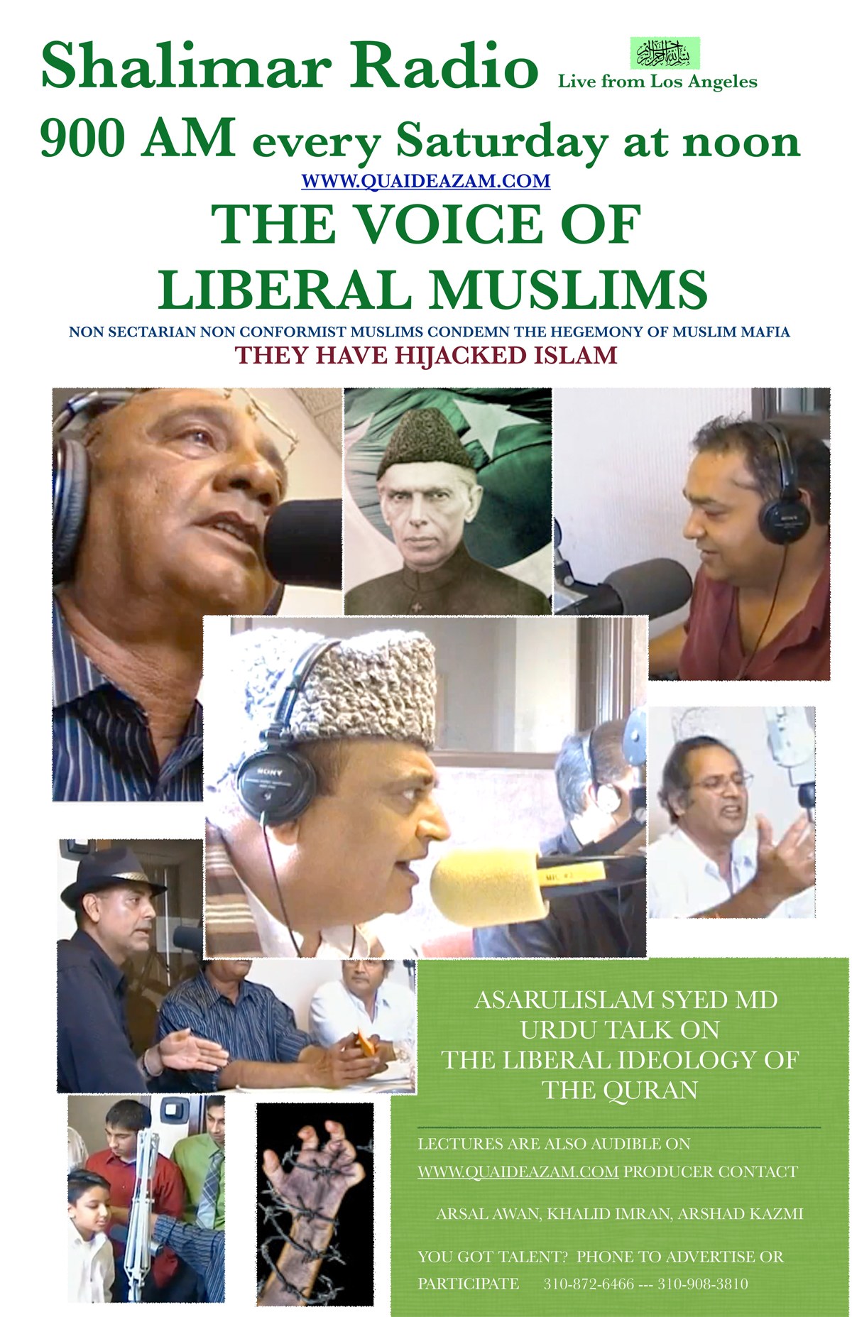 Plakat, das die 'Stimme der liberalen Muslime' Radio-Show bewirbt, zeigt Bilder von Menschen mit Kopfhörern und Mikrofonen in einem Gespräch.