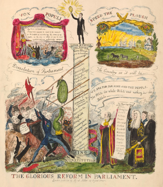 Ein bunt bedrucktes Dokument mit der Überschrift "Die glorreichen Reformen im Parlament", das mutige Texte und Bilder von verschiedenen, strahlenden Menschen zeigt, die Fortschritt und Hoffnung symbolisieren.