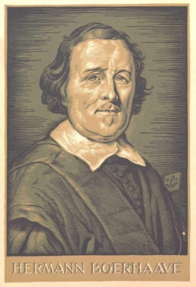 Portrait von Hermann Boerhaave, einem deutschen Philosophen, mit Text unten auf dem Bild.