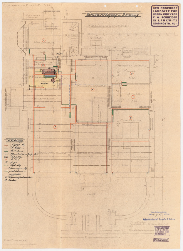 Schwarzes und weißes architektonisches Zeichnung von Rosenhof Krankenhaus in Hamburg, Deutschland, zeigt detailliertes Layout mit zahlreichen Drähten, Zimmern, Fluren und Textanmerkungen.