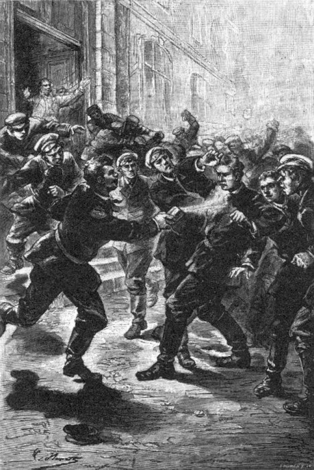 Schwarze und weiße Illustration einer gewalttätigen Straßenprügelei unter einer Gruppe von Männern mit einem Gebäude im Hintergrund und der Beschriftung "Victorian riots in London, England" unten.