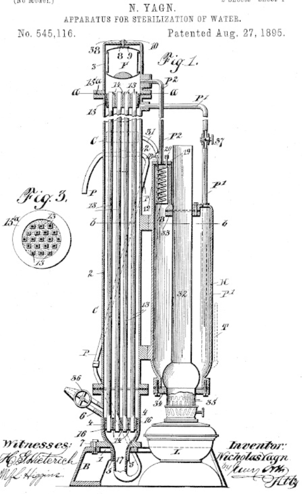 Schwarz-weißes Patentbild einer Vorrichtung zum Sterilisieren von Wasser, beschriftet mit "Vorrichtung zur Sterilisation von Wasser" mit detaillierten technischen Texten und Diagrammen auf einem weißen Hintergrund.