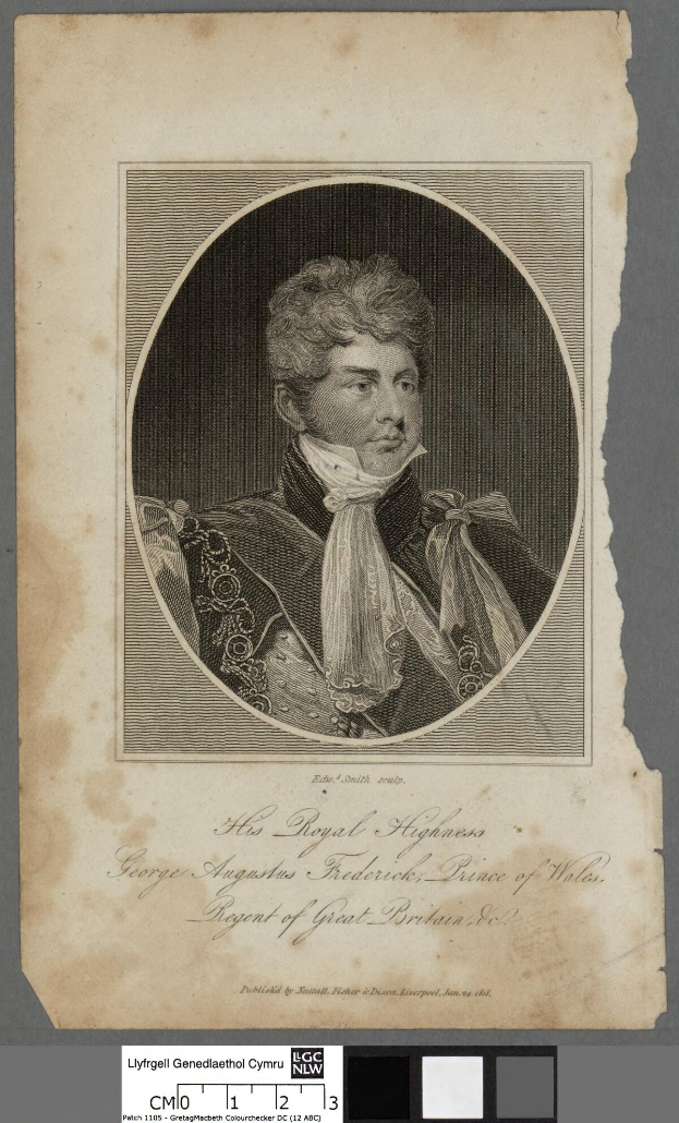 Porträt von George Augustus Frederick, Prinz von Wales, in einem schwarzen und weißen Kleid, mit Text unten.