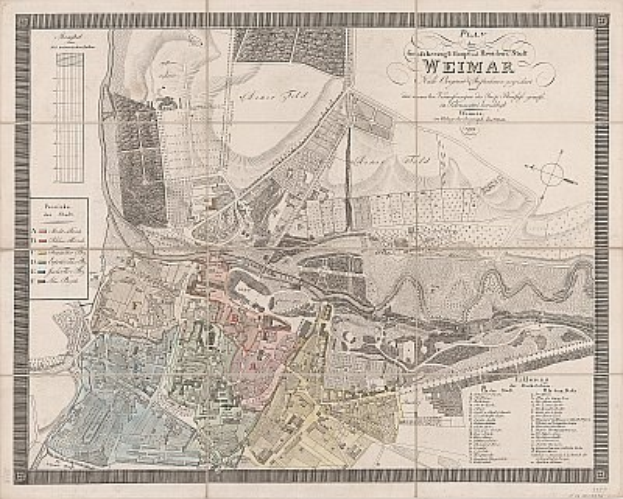 Detaillierte alte Karte von Weimar, Deutschland, zeigt Straßen, Gebäude und Sehenswürdigkeiten mit zusätzlichem Text über die Stadt.