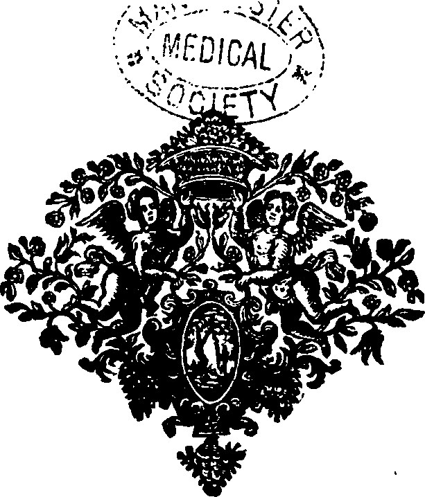 Schwarzes und weißes medizinisches Gesellschaftslogo mit einem Schild, einem Kreuz, einem Lorbeerkranz und einer Krone, beschriftet mit "Medizinische Gesellschaft" in weißer Schrift.