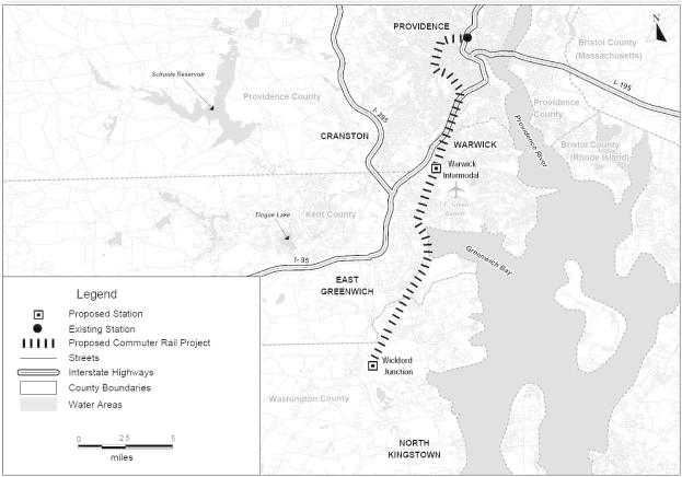 Schwarze und weiße Stadtkarte mit einem Fluss, beschriftet mit "Vorgeschlagenes S-Bahn-Projekt" auf der linken Seite, die Straßen, Autobahnen und Stadtmerkmale zeigt.