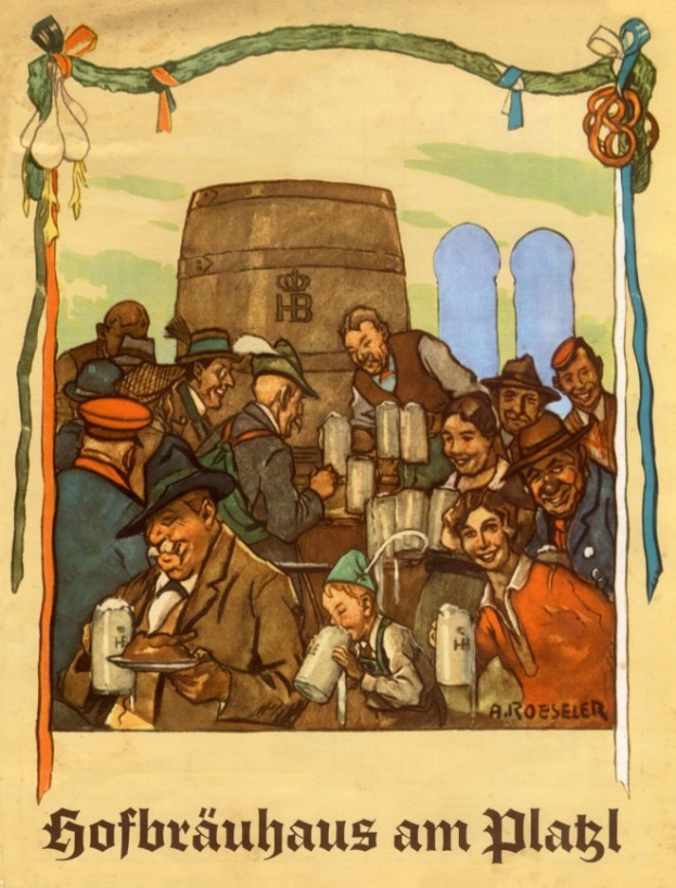 Plakat für ein deutsches Bierfest mit Menschen, die Biergläser halten und ein Fass im Hintergrund, mit deutschem Text unten.