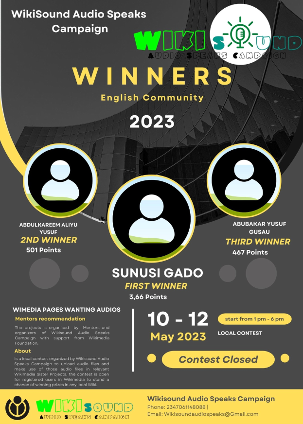 Ein buntes Plakat mit einem blauen Hintergrund und gelben und weißen Buchstaben, die in fetter Schrift "Gewinner" lesen.