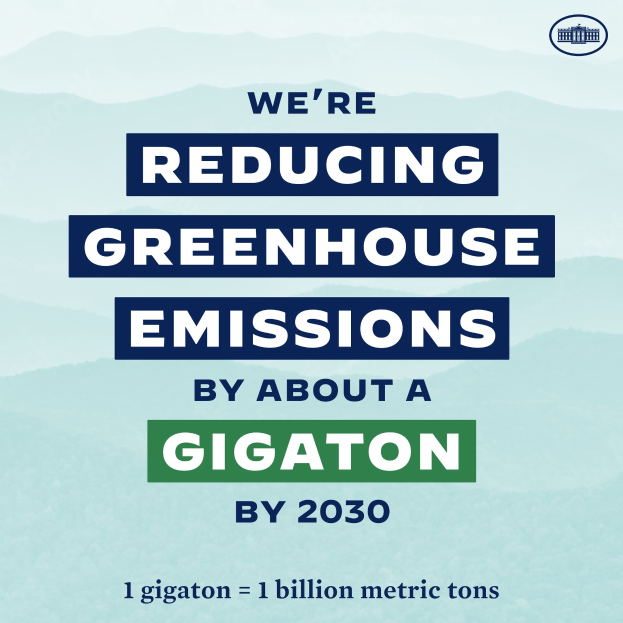 Plakat mit der Aufschrift "Wir reduzieren die Treibhausgasemissionen um etwa eine Gigatonne bis 2030" mit einem Logo, das die Reduzierung der Treibhausgase bis 2030 fordert.