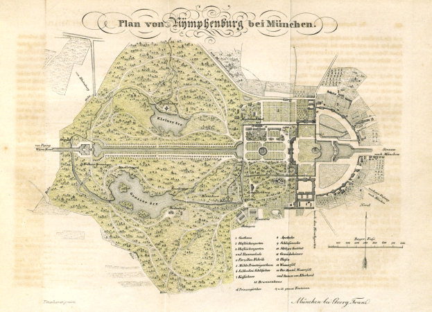 Alte Karte von München, Deutschland, die das Layout eines Parks mit handschriftlichen Anmerkungen zeigt.