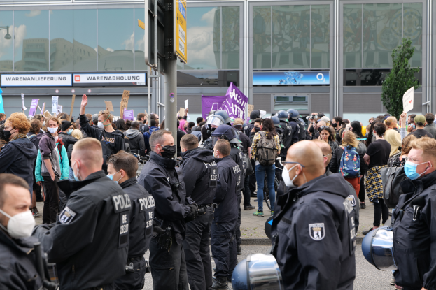 Eine große Gruppe von Menschen steht vor einem Gebäude, einige halten Schilder und tragen Helme, im Vordergrund ein Mast mit einer Schildertafel und im Hintergrund ein Baum, sie scheinen zu protestieren.