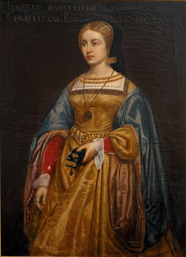 Gemälde von Isabella daustriche in einem goldenen Kleid mit detaillierten Verzierungen, Haar zu einem Dutt gebunden, majestätisch mit einem friedlichen Ausdruck, von Christierne Roy.