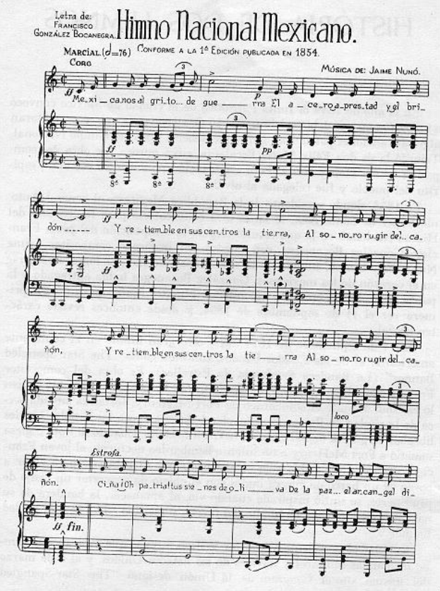 Mexikanische Notenblätter mit dem Titel "Himno Nacional Mexicano" auf weißem Hintergrund mit schwarzen Noten und einem schmalen schwarzen Rahmen.