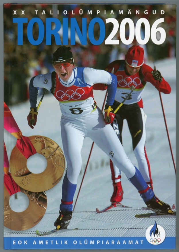 Ein Plakat der Olympischen Spiele 2006 in Turin, Italien, das zwei Skifahrer auf dem Schnee mit "Turin 2006" zeigt.