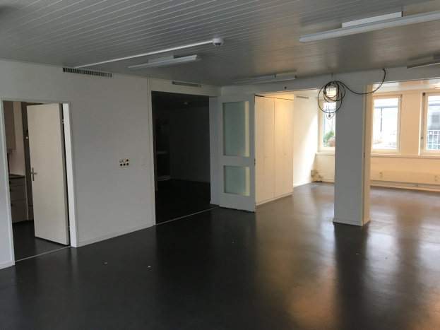 Leerer Büroraum mit schwarzen Böden, weißen Wänden, elektrischen Lampen, Kabeln, Türen, Schränken, Fenstern und einem Blick auf Gebäude und Bäume draußen, gelegen in Amsterdam.