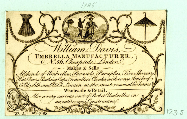 Schwarze und weiße Visitenkarte mit dem Bild von William Davis, einem Schirmhersteller, und Text, der die Dienstleistungen des Unternehmens beschreibt.