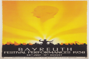 Plakat für die Bayreuther Festspiele 1938, das eine zentrale Figur umgeben von einer Gruppe zeigt, mit Text, der Details der Festspiele angibt.
