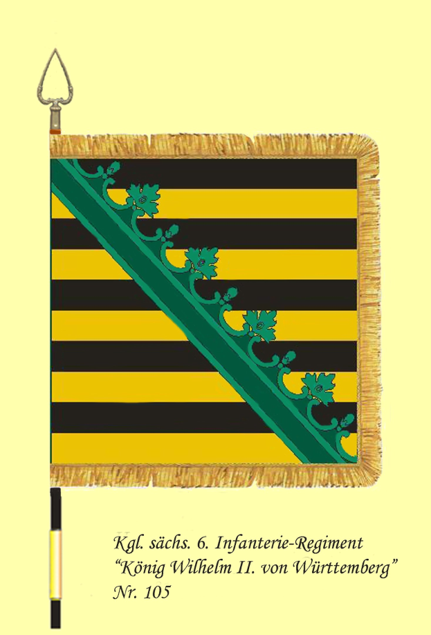 Gelb-schwarze gestreifte Flagge mit einer grünen und gelben Streifen, darunter Text "König Wilhelm II von Württemberg".