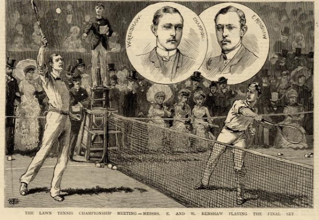 Schwarz-weiß-Zeichnung von zwei Männern beim Tennis-Spiel im Finale, mit Zuschauern im Hintergrund und Text unten mit der Aufschrift "The Lawn Tennis Championship Meeting - Messers, E und W Renshaw im Finale".