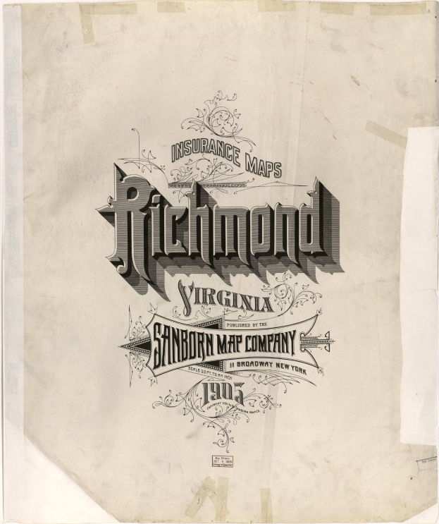 Plakat mit "Richmond Virginia Insurance Map Company" in fetter schwarzer Schrift auf einem weißen Hintergrund.